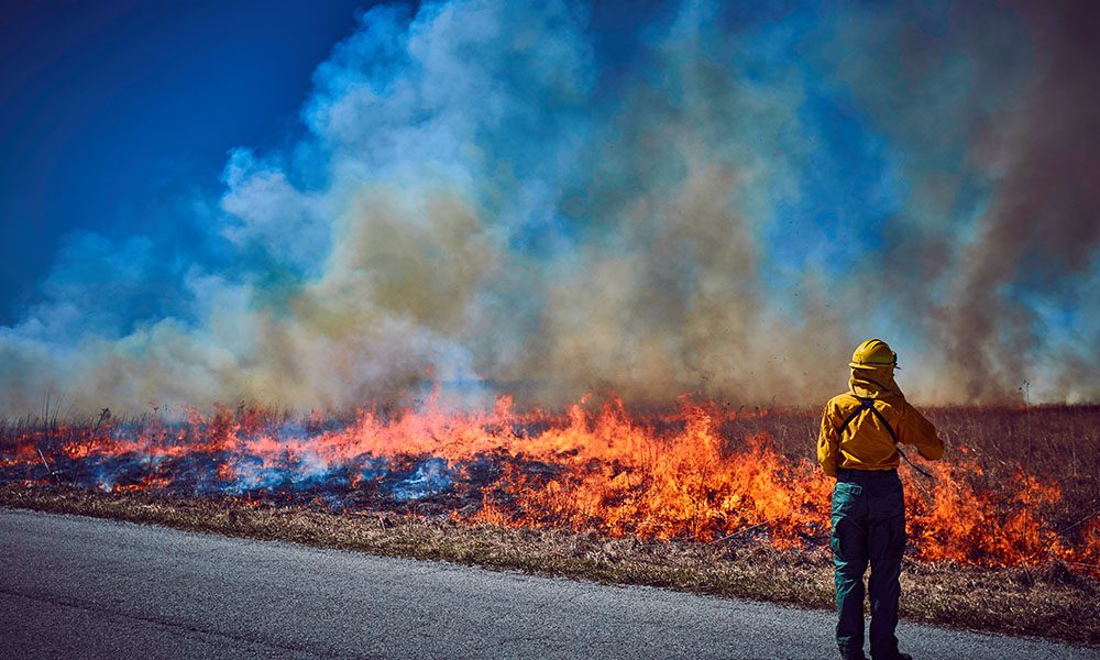 Blog - Firefighter Standing in the Road While Watching a Wildfire on the Side of the Road and Smoke is Rising into the Sky